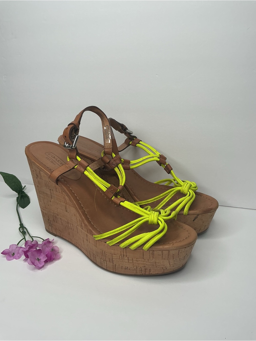 Coach Neon Yellow and Tan Knot Cork Wedge Y2K Sandal 10
